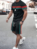 Men's New Summer Suit Line Print Simple Sport Splicing Trend T-shirt Loose Casual Suit Short Sleeve Shorts Men's Summer Suit