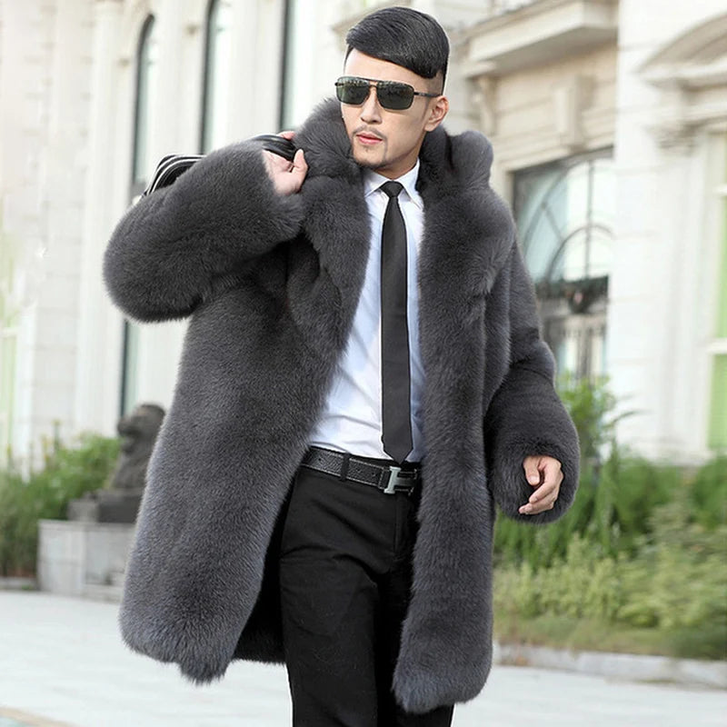 Fashion men's luxury big fur coat imitation fox fur coat long European and American men's windbreaker   Fur coat men jacket