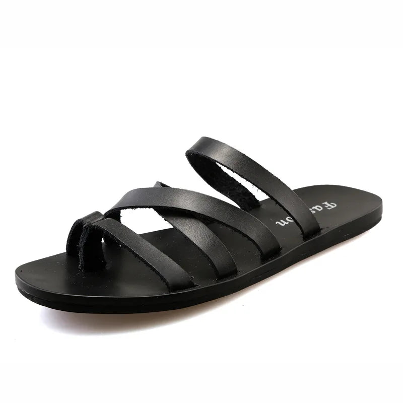 Flat With Beach Fashion Outside Men's Slippers Leisure Concise Genuine Leather Summer Flip Flops Sewing Solid Men Shoes