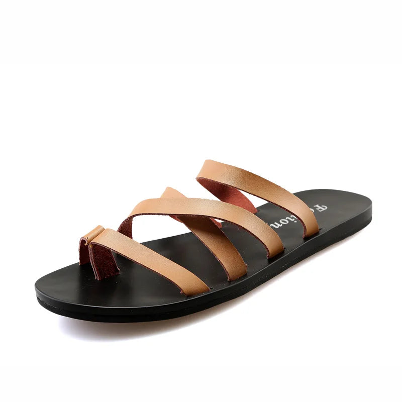 Flat With Beach Fashion Outside Men's Slippers Leisure Concise Genuine Leather Summer Flip Flops Sewing Solid Men Shoes