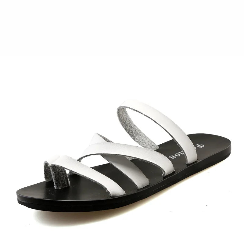 Flat With Beach Fashion Outside Men's Slippers Leisure Concise Genuine Leather Summer Flip Flops Sewing Solid Men Shoes