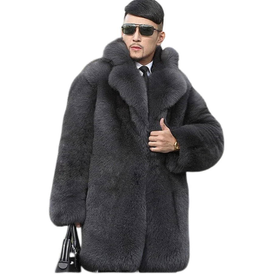 Fashion men's luxury big fur coat imitation fox fur coat long European and American men's windbreaker   Fur coat men jacket