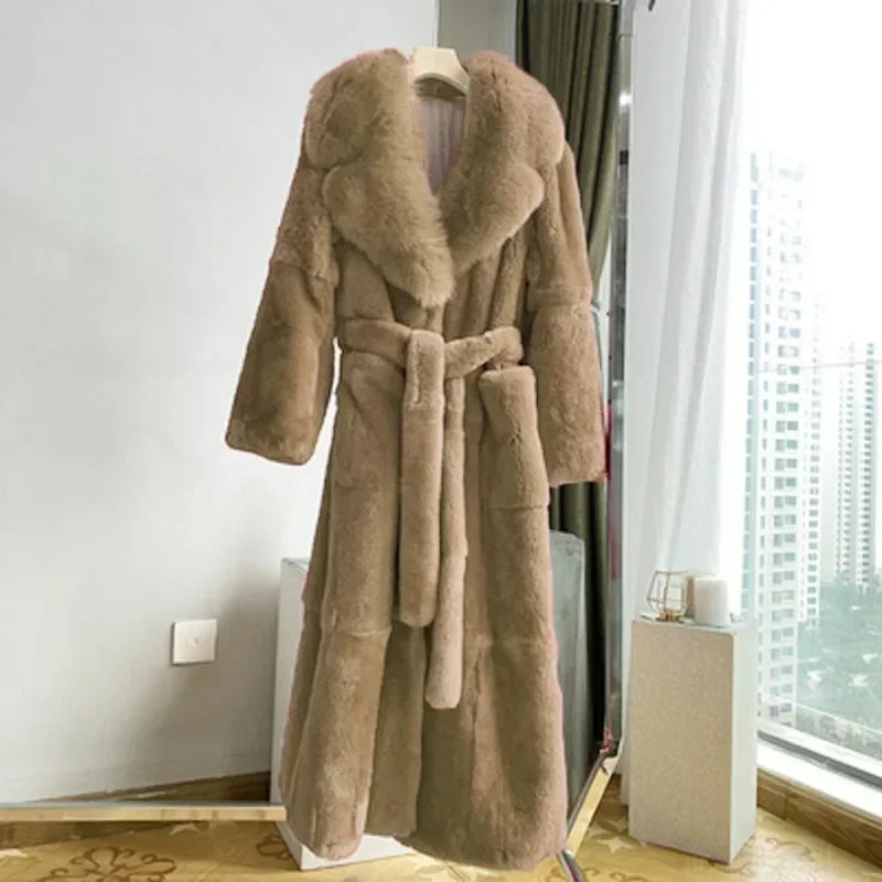Solid Color Fur Jackets Overcoats Lace Up Pockets Trend Faux Fur Coat Women's Mid-Length Coat Fashion Loose Faux Outwear Coats