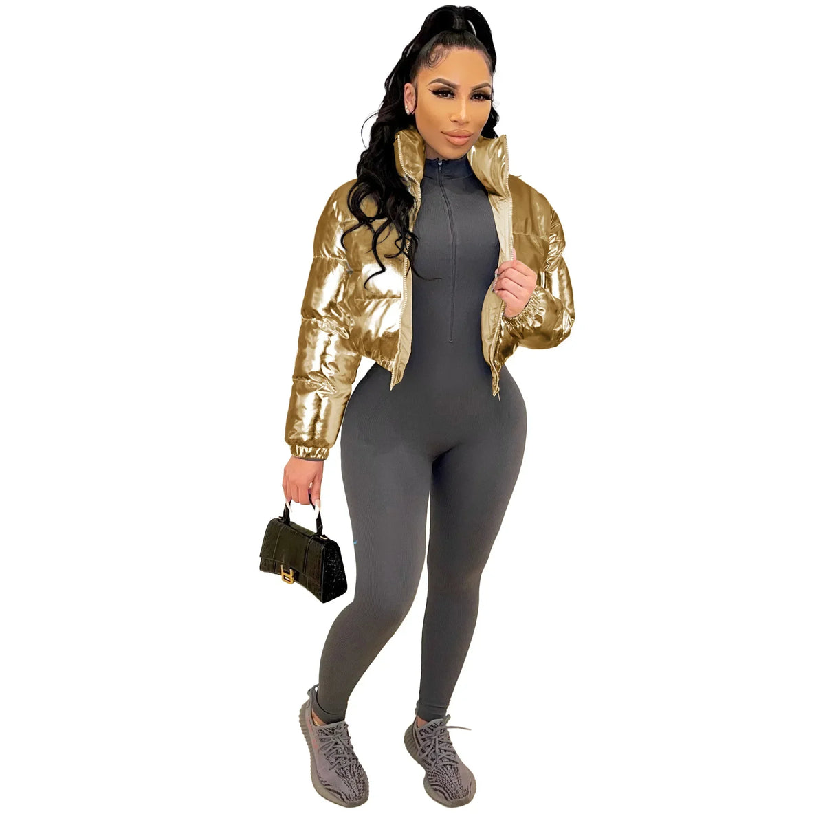 ANJAMANOR Silver Glossy Puffer Jacket Zip Up Shiny Bubble Coat Streetwear Women Clothing Winter Baddie Clothes D48-FH59