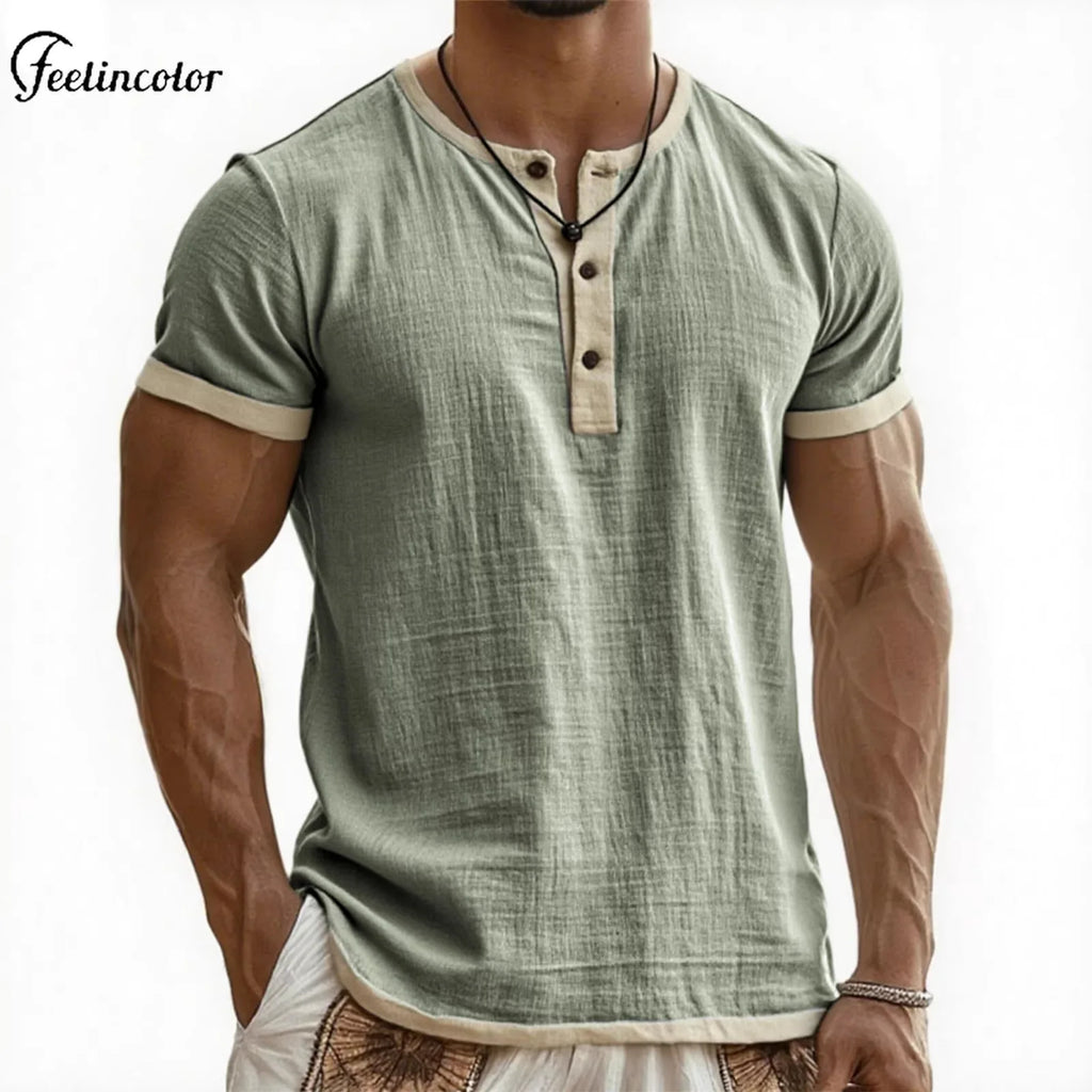 Men's Linen Cotton Patchwork T-shirk Summer Casual Short-sleeved Shirt Comfortable Breathable Top Round Collar Male Clothing