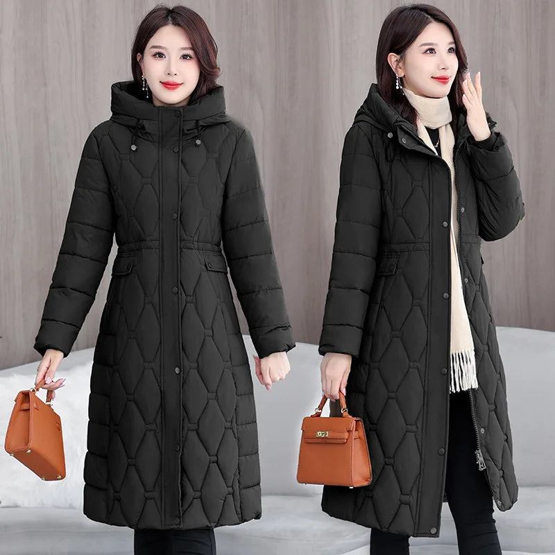 Hooded Oversize Parkas Coats Women Mid Length Jackets Diamond Quilt Zipper Pocket Waist Cinched Office Lady Casual 2025 Winter