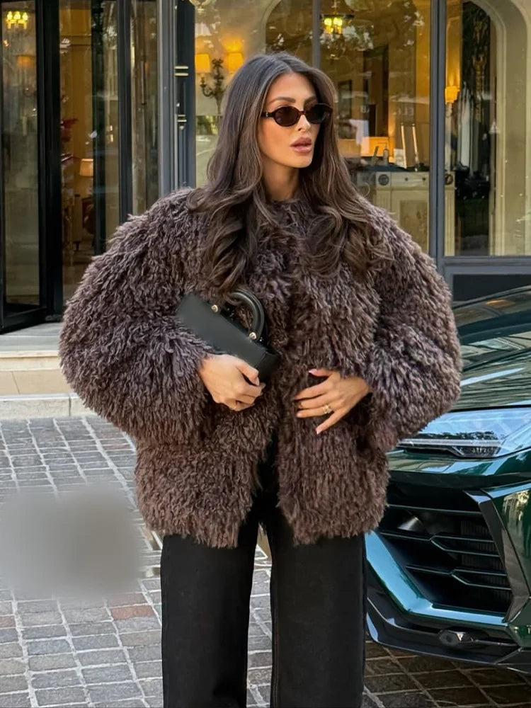 HH Women Fashion Long Sleeve Warm Jacket Faux Fur Effect Short Jacket Female Solid O-Neck Hidden Buckle Casual Chic Outwear