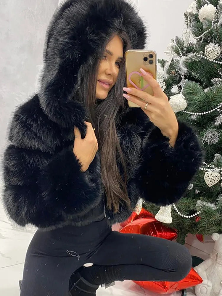 Solid Short Hooded Faux Fur Coat Women Chic Full Sleeve Zipper Cropped Loose Warm Coats Lady Winter Daily Highstreet Outerwears