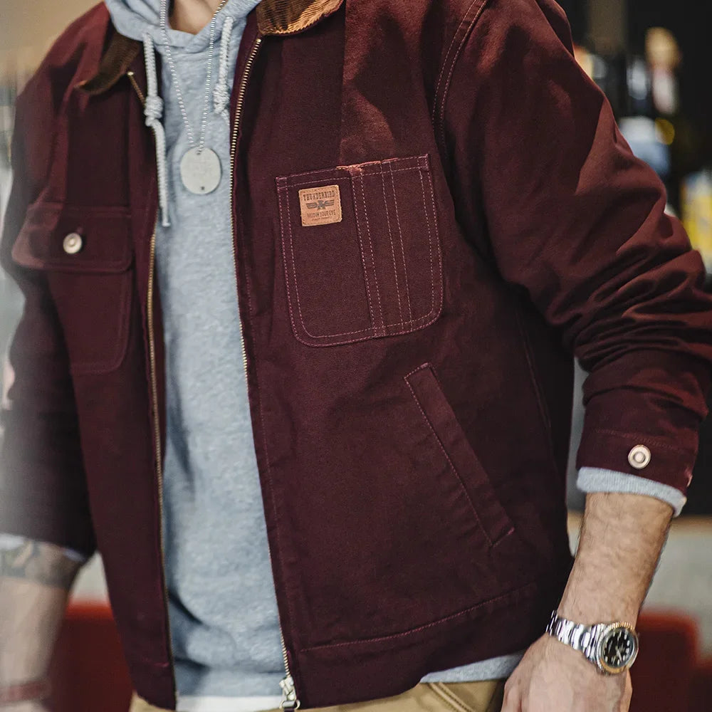 Maden Retro Heavyweight Canvas Detroit Jacket Corduroy Collar Hunting Short Zip-Up Jacket with Pockets Men's Autumn Outerwear