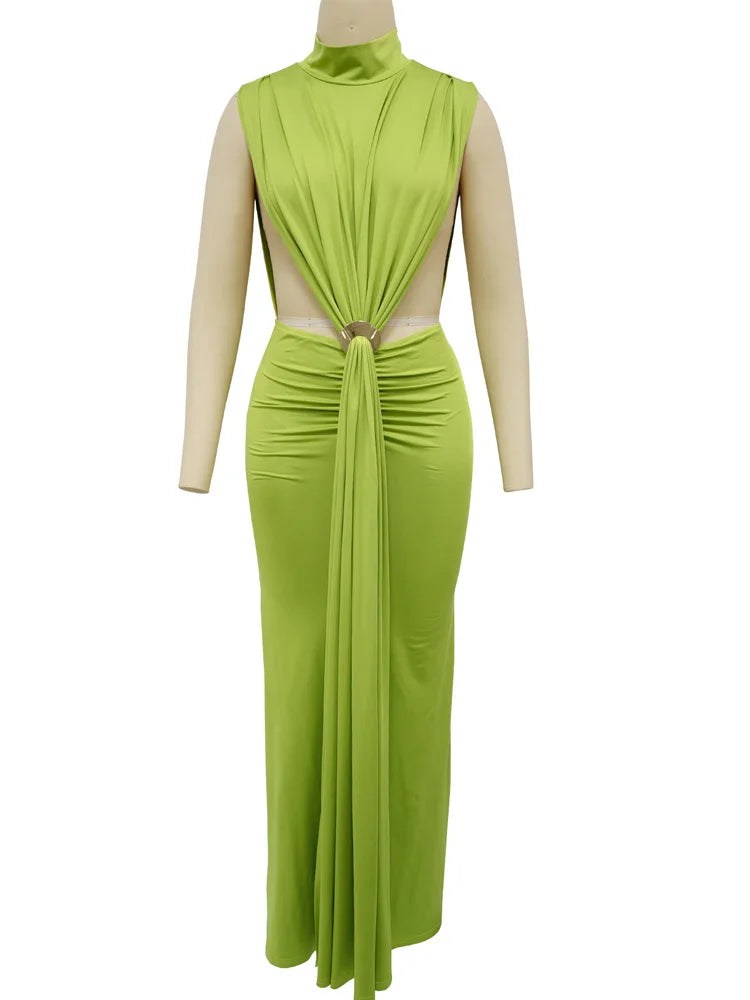Beyprern Beautiful Green Sleeveless Hollow Out Pleated Prom Dress Women's Cut Out Metal Long Straps Party Club Dress Vestidos
