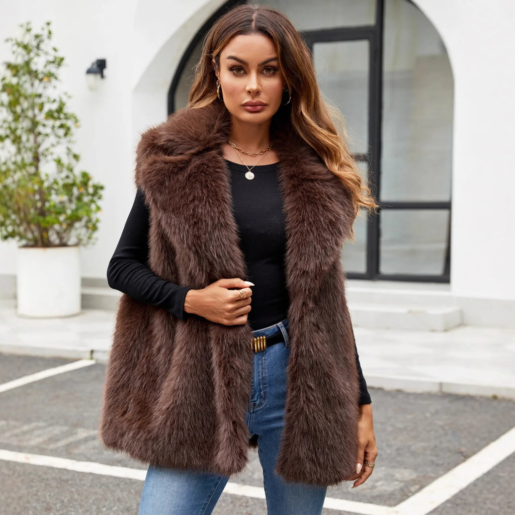Faux Fox Fur Vest Coats Women Solid Fur Jackets Turn Down Collar Sleeveless Open Stitch Thick Warm Fur Casual 2025 Autumn Winter