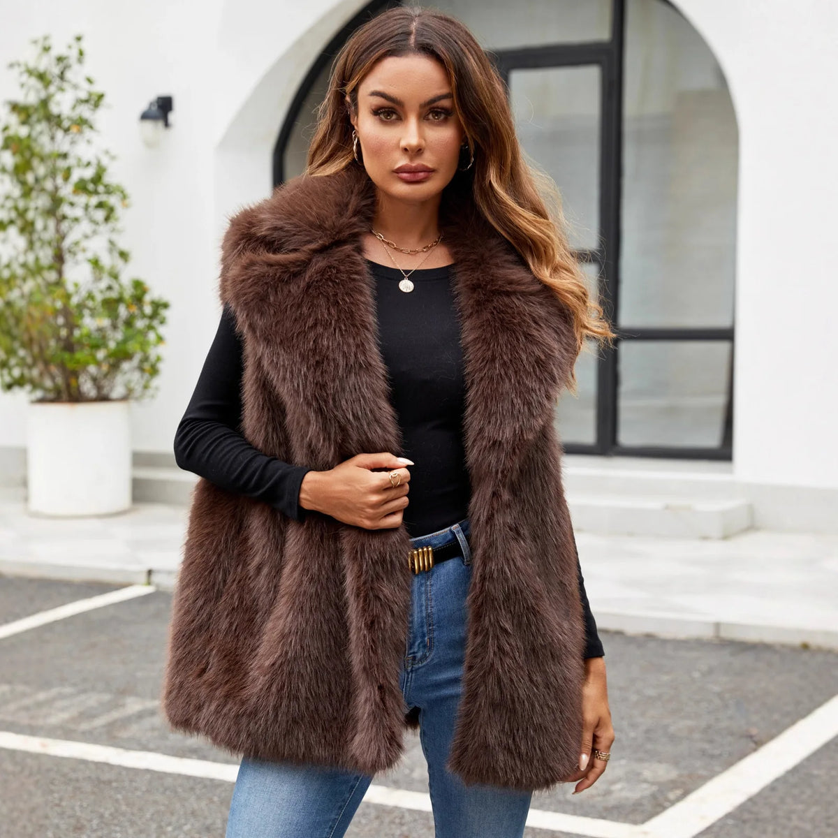 Faux Fox Fur Vest Coats Women Solid Fur Jackets Turn Down Collar Sleeveless Open Stitch Thick Warm Fur Casual 2025 Autumn Winter