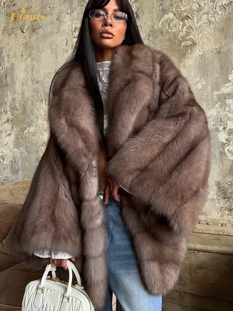 Women Solid Faux Fur Coat Elegant Lapel Collar Long Flare Sleeve Loose Jackets New Winter Warm Female Chic High Street Outerwear