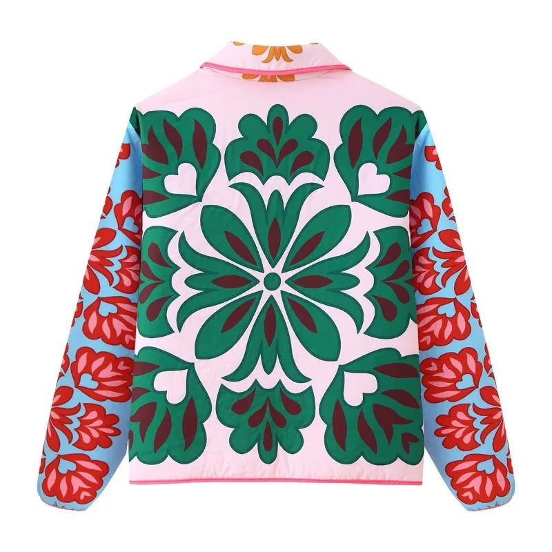 KADUWAKI Fashion Print Panelled Quilted Cotton Jacket Long Sleeve Pocket Cardigan Coat Autumn Winter Daily Casual Tops Outerwear