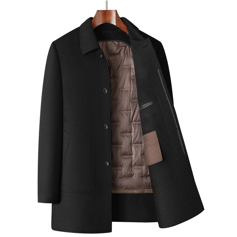 2025 Winter New Men's High end Wool Coat with 70% Wool Content, Down Inner Tank Thickened Warmth, Medium to Long Business Coat