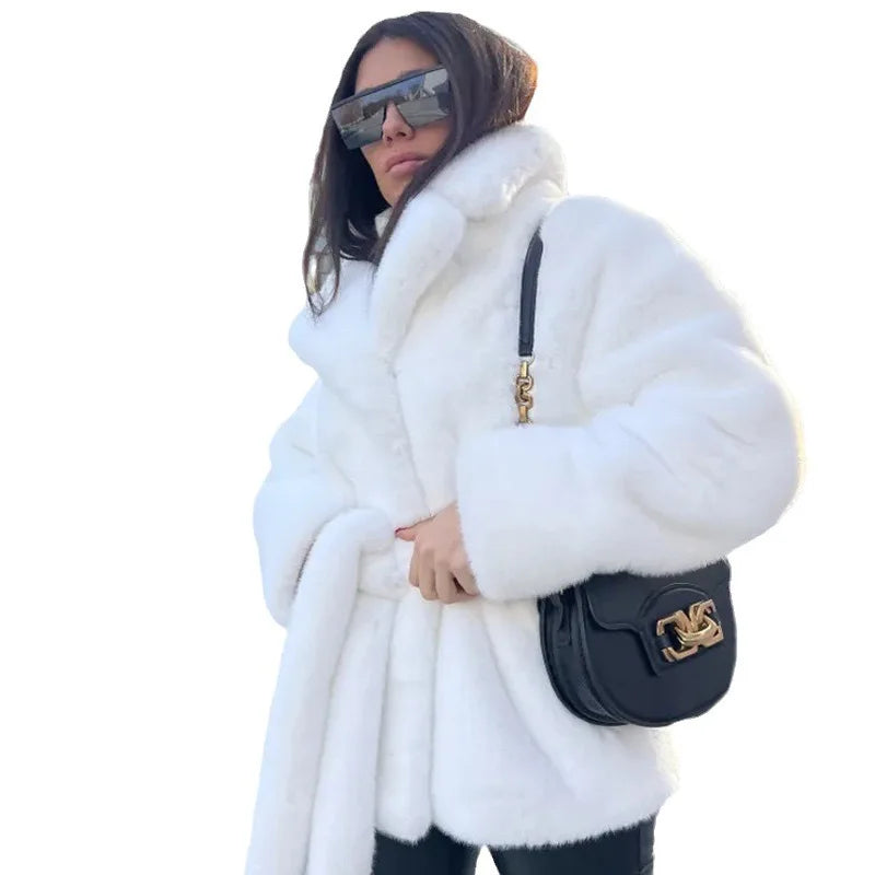 2024 Fur Jacket Imitation Rabbit Fur Lapel Neck Fur Jacket Thickened Thermal Belt Belt Coat Women's Solid Color New