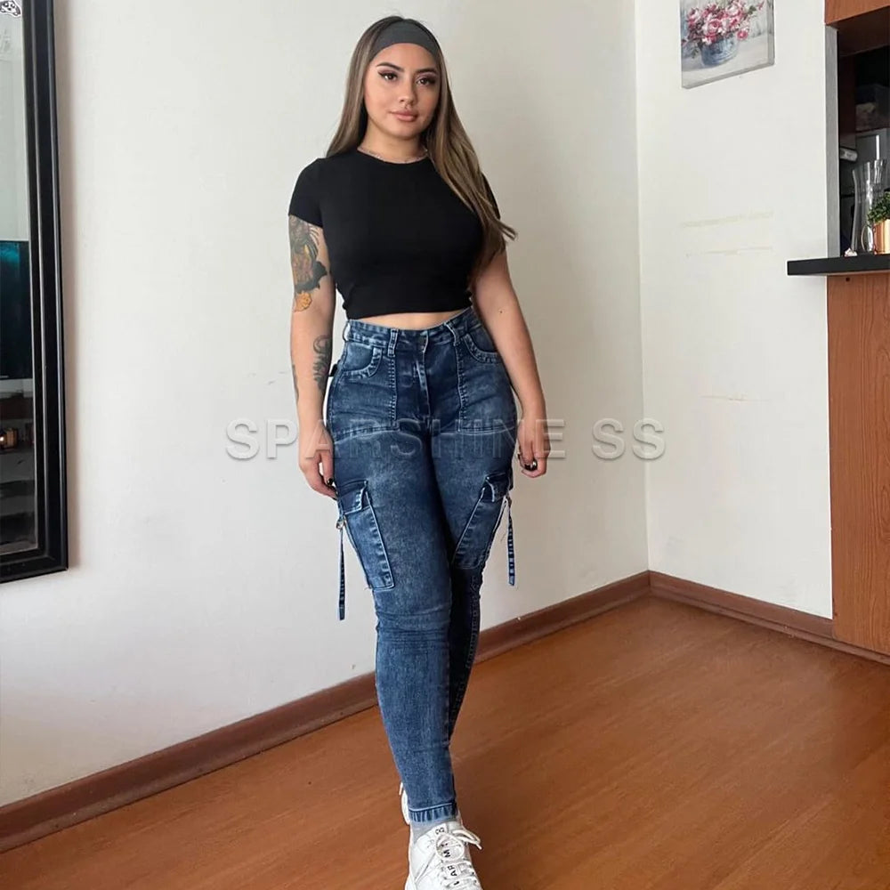 Vintage Streetwear Skinny Jeans Women Retro Y2K High Waist Jeans Casual Wash Cargo Pants Women Autumn Winter Legging Denim Pants