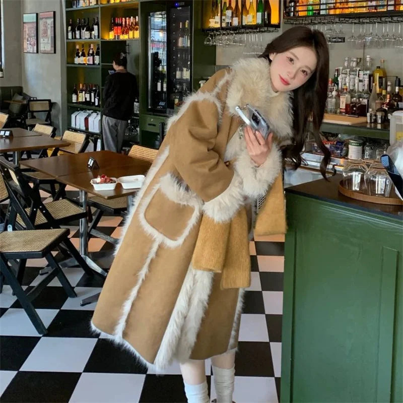Deer Skin Velvet Spliced Denim Jacket For Women's Winter New Velvet Warm Fur Integrated Color Blocking Outwear Imitation Fur Coa