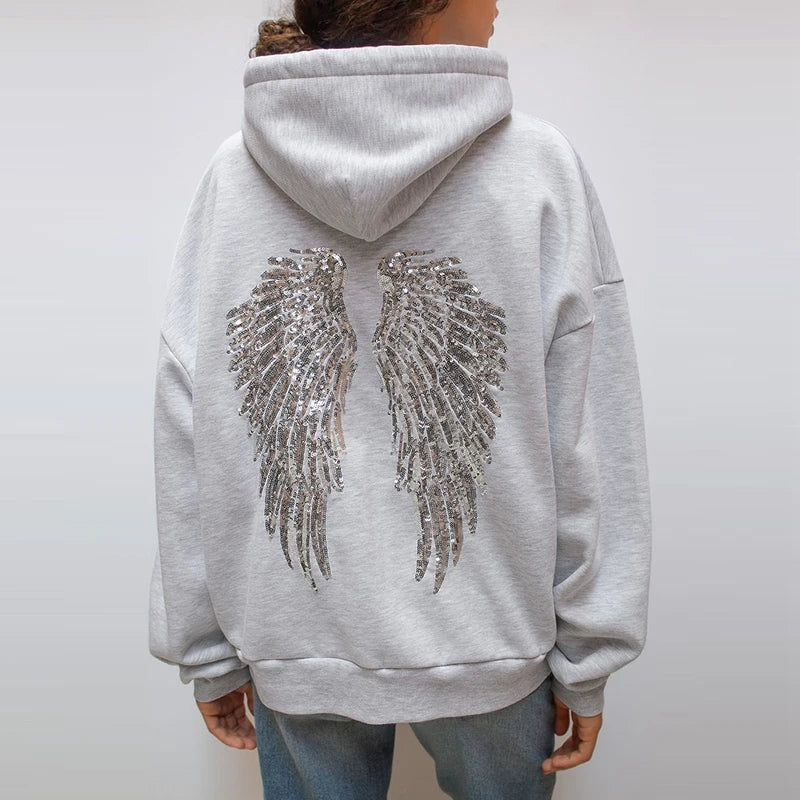 Casual Sequined Angel Wings Oversize Hoodie Women Loose Grey Long Sleeve Street Warm Pullover 2026 Autumn Lady Daily Wear New