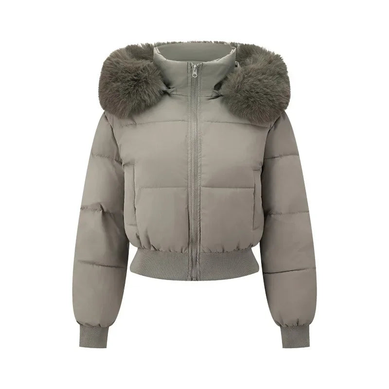 Korean Style Down Cotton Coat 2026 Thicken Short Women's Winter Jacket Casual Warm Fur Hooded Cropped Parkas Chic Streetwear