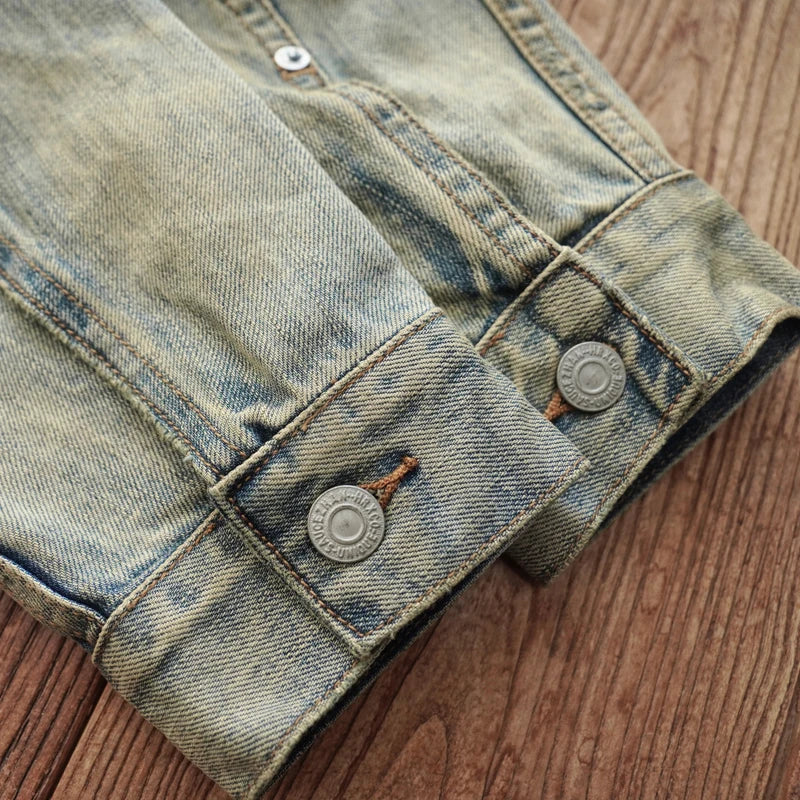 Sauce Zhan Mens Denim Jacket Destroy Wash Distressed Selvedge Ripped Jean Jacket Men 14.5 Oz Loose Fit
