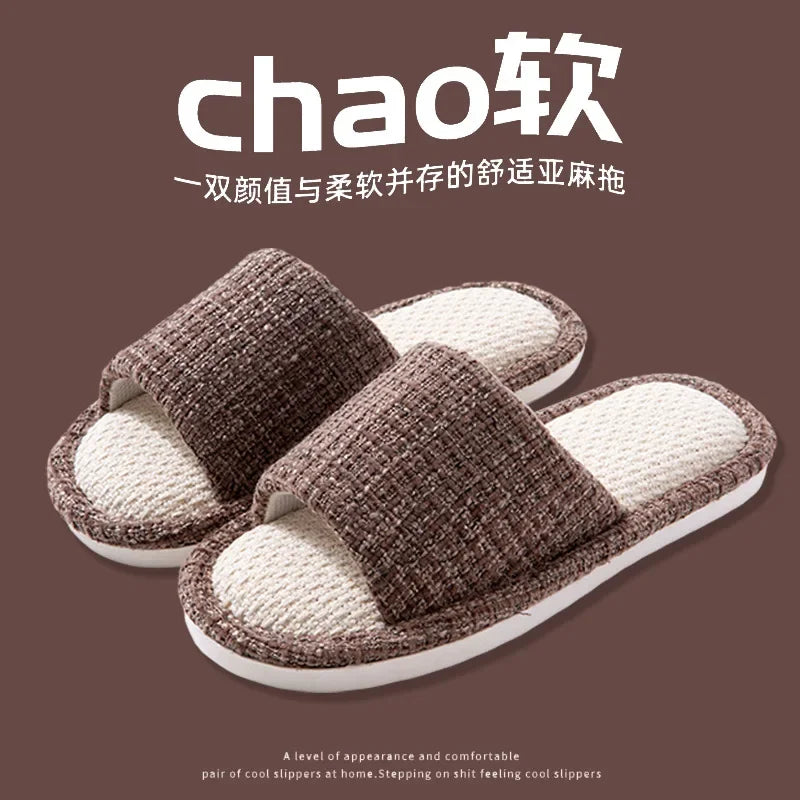 Home Slipper Women Striped Spring Linen Couples Indoor House Non Slip Funny Sandals Cartoon Shoe Male Soft Flat Flax Comfortable