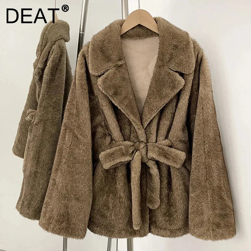 DEAT 2026 Autumn Winter New Faux Fox Fur Batwing Sleeve Coat For Women High-end Elegant Lace-up Waist Jacket Female 11A05803
