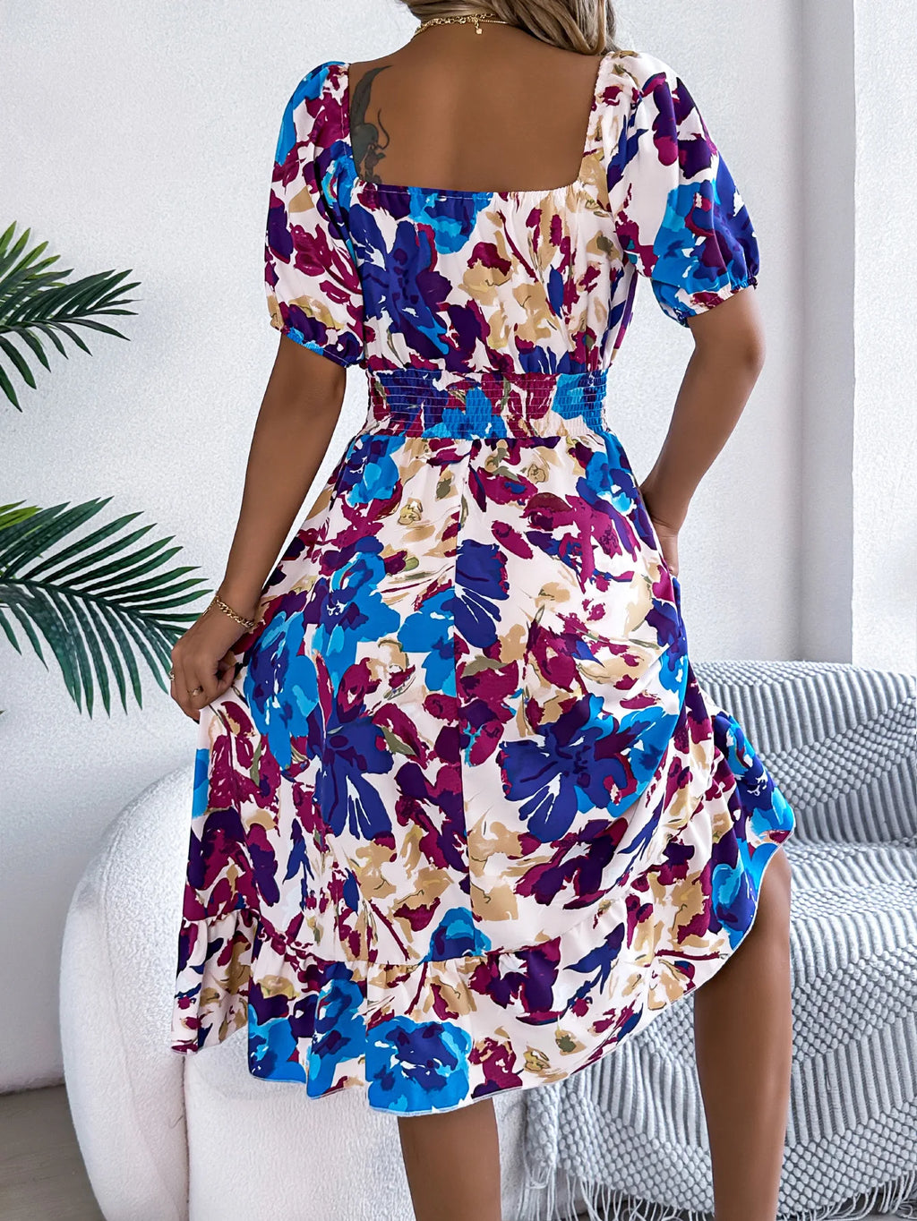 Elegant Print Dress Women Fashion Square Collar Short Sleeved Elastic Waist Folds Dresses High Waist Off-shoulder Midi Dresses