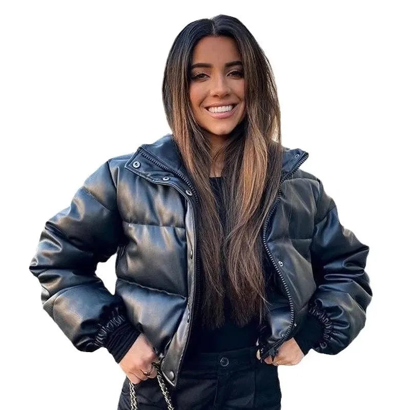 Winter women's thick warm jacket women's fashionable PU leather coat women's standing collar short warm bread jacket