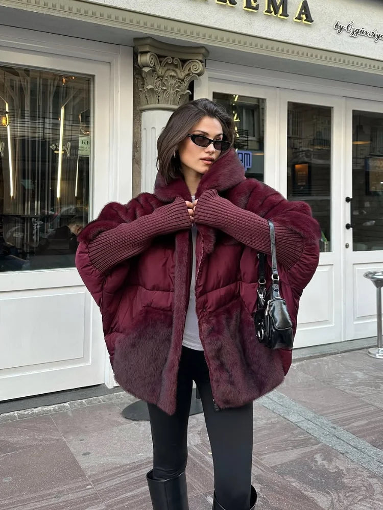 Women Fashion Hooded Patchwork Faux Fur Coat Knitted Sleeve Drop Shoulder Oversize Cotton Coats Autumn Winter 2025 Street Jacket
