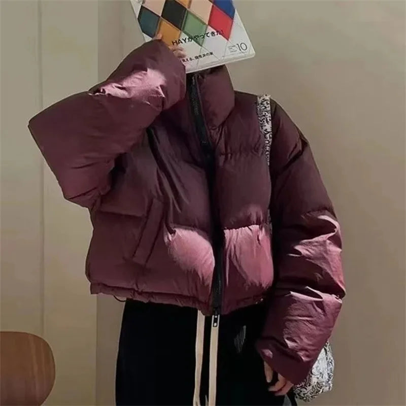 2024 Women Fashion Stand Puffer Jacket Winter Lady Long Sleeves Cotton Padded Outwear Korean Female Short Down Cotton Tops Coat