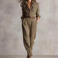 Retro Plaid Printing Ladies Slim Fit Jumpsuits Autumn Winter Long Sleeve Lapel Buttons Casual Rompers Women Elegant Cargo Pants