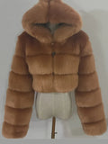 Solid Short Hooded Faux Fur Coat Women Chic Full Sleeve Zipper Cropped Loose Warm Coats Lady Winter Daily Highstreet Outerwears