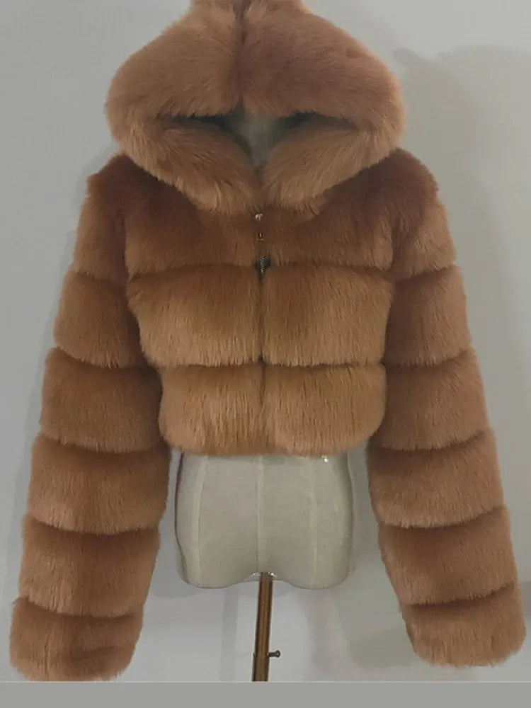 Solid Short Hooded Faux Fur Coat Women Chic Full Sleeve Zipper Cropped Loose Warm Coats Lady Winter Daily Highstreet Outerwears