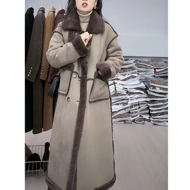Faux Fur Coat For Women's Winter 2025 New Suede Lamb Fur Loose And Slimming Thicken Long fur Jacket wool Suede Velvet Coat Gray