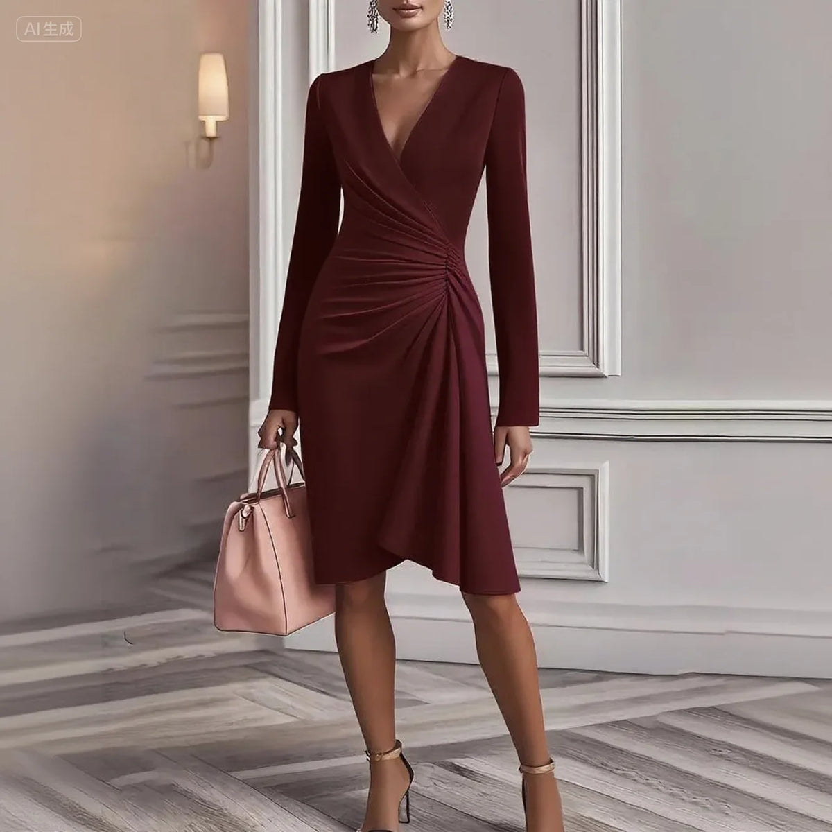 2025 New Women's Long-sleeved Dress V-neck Black High-waisted Slim Cross-elegant Fashion Office White Female Midi Skirt