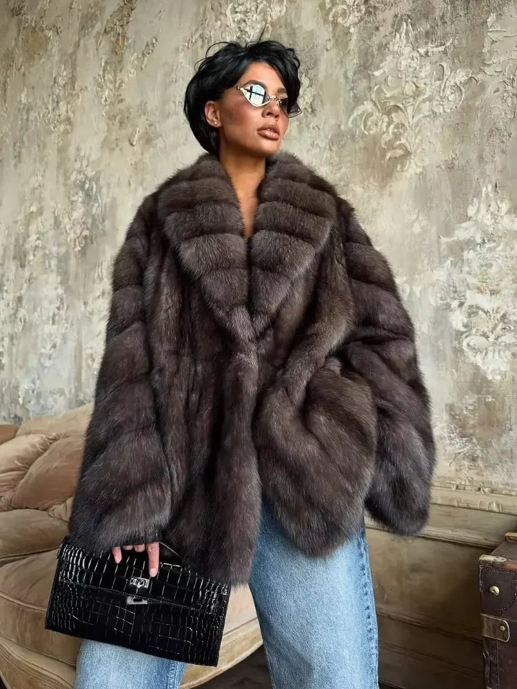Women Solid Faux Fur Coat Elegant Lapel Collar Long Flare Sleeve Loose Jackets New Winter Warm Female Chic High Street Outerwear