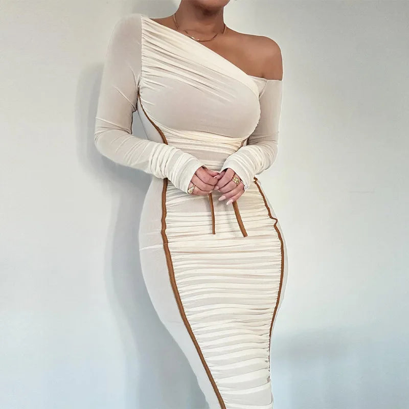 New spring and autumn American street style personalized hot girl slimming sloping neck mesh long sleeve slimming hip-hugging wo