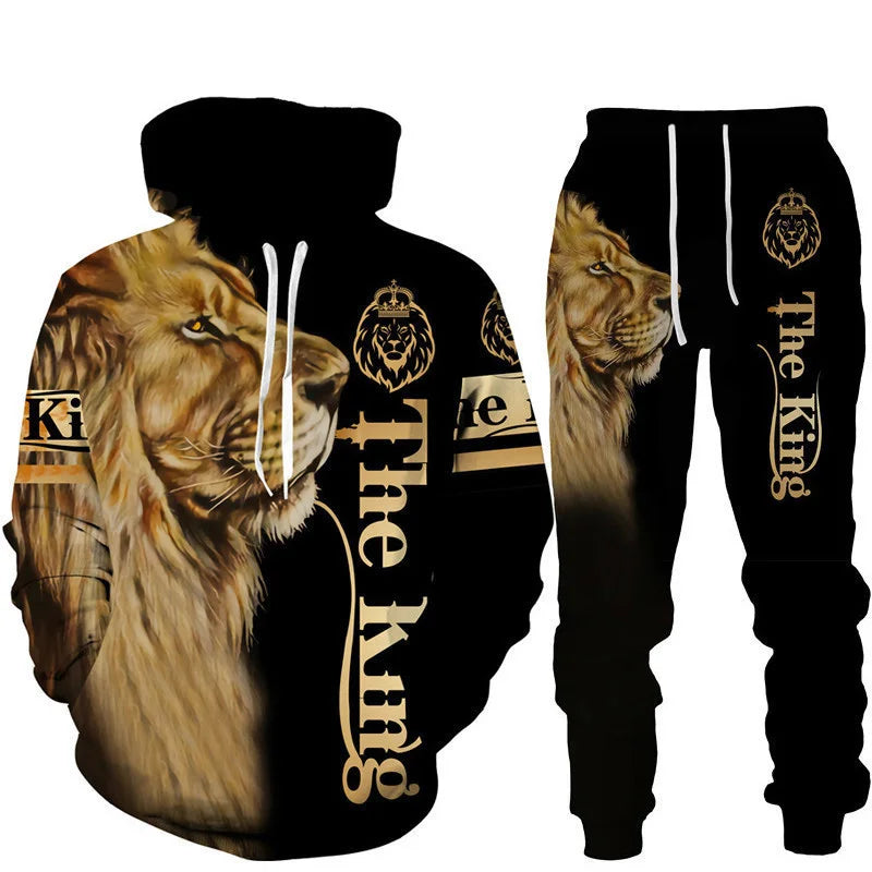 Lion King 3D printed hoodie set Fashion men's sportswear two-piece jogging suit