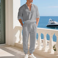 American loose linen set for men autumn Hawaiian home commuter thin Henry shirt long sleeve pants set