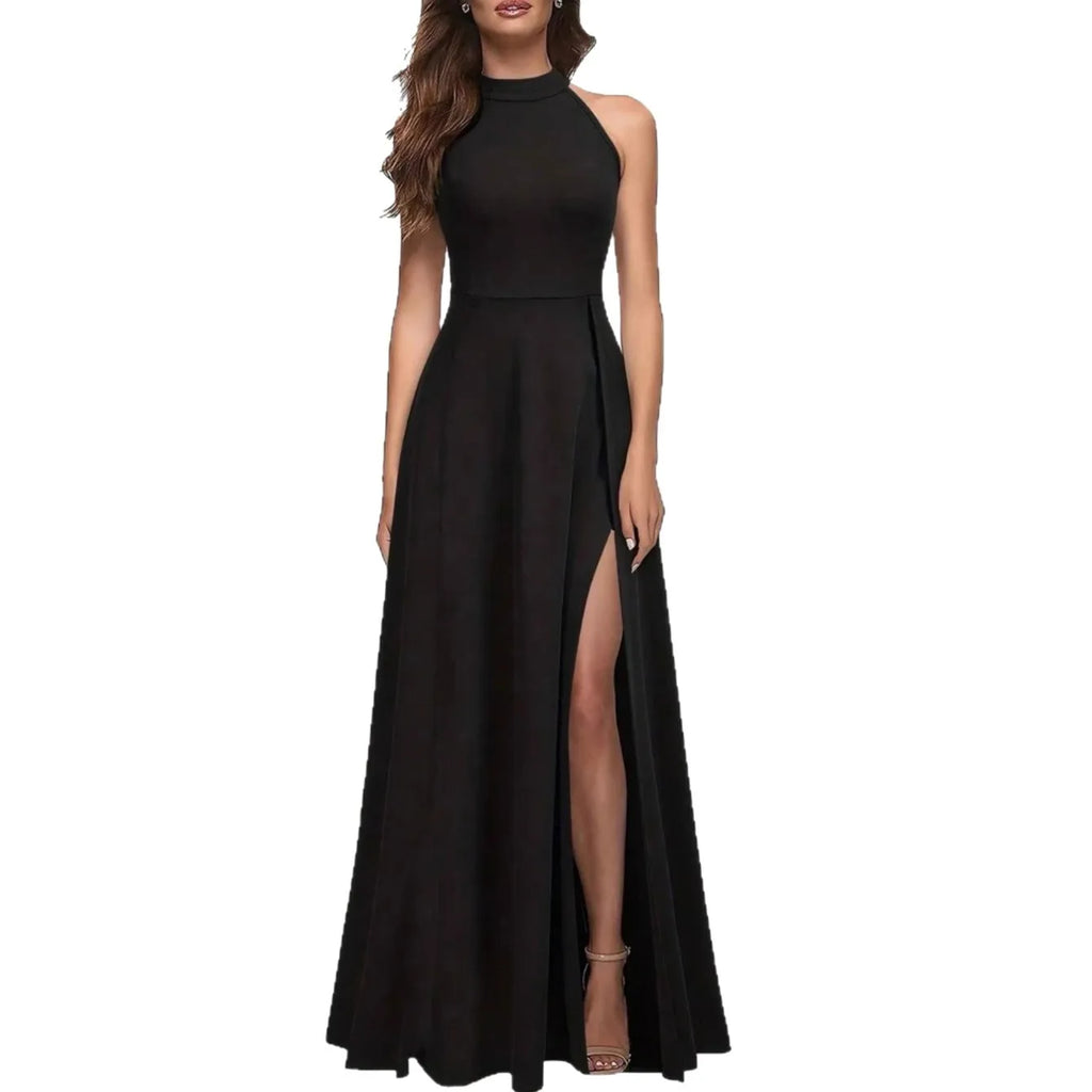 Solid Color High Neck Side Slit Long Evening Gown for Women - Slimming Elegant Formal Dress for Banquets and Parties