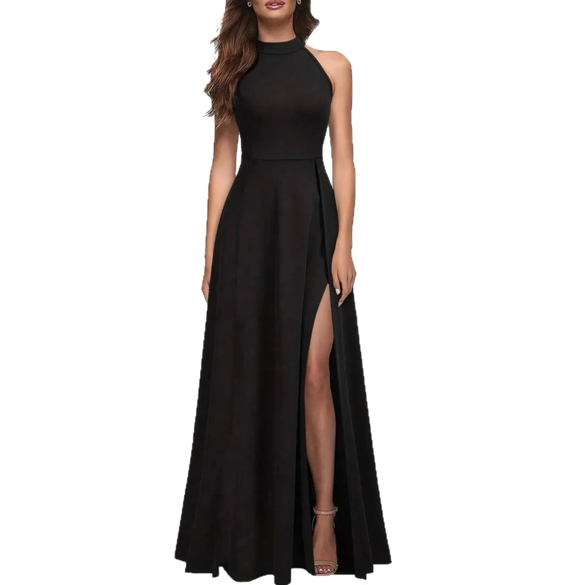 Solid Color High Neck Side Slit Long Evening Gown for Women - Slimming Elegant Formal Dress for Banquets and Parties