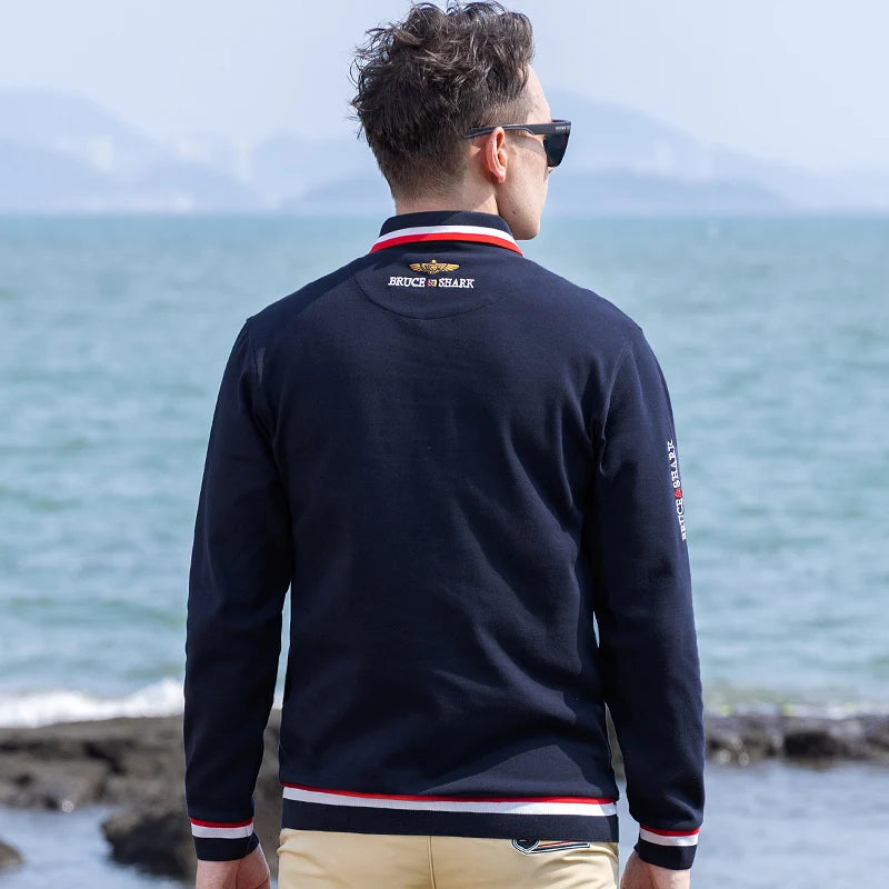 2024 New Solid Color Polo Shirts Men Thicken Stretch Cotton Polos Autumn Clothing Bruce&Shark Fashion Embroidered Men Basic Tops