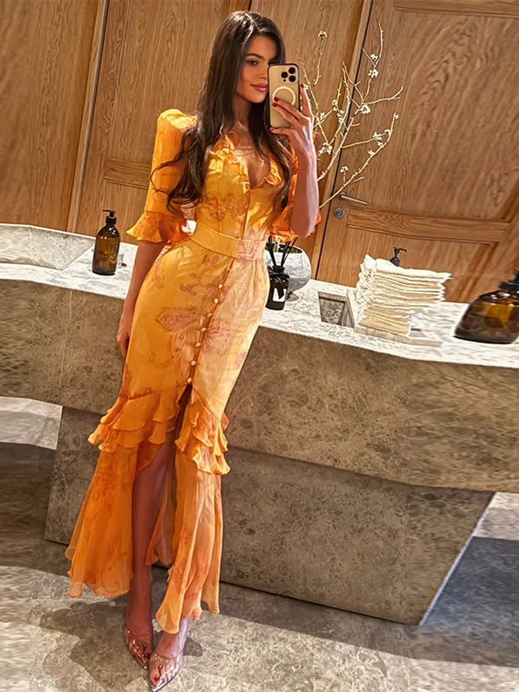 Floral Print Ruffle V Neck Waist Cinching Long Dresses Split Hem Single Breasted Maxi Dress 2026 Party Beach Vacation Vestidos