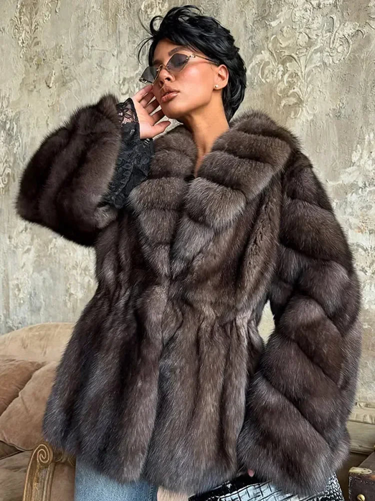 Women Solid Faux Fur Coat Elegant Lapel Collar Long Flare Sleeve Loose Jackets New Winter Warm Female Chic High Street Outerwear