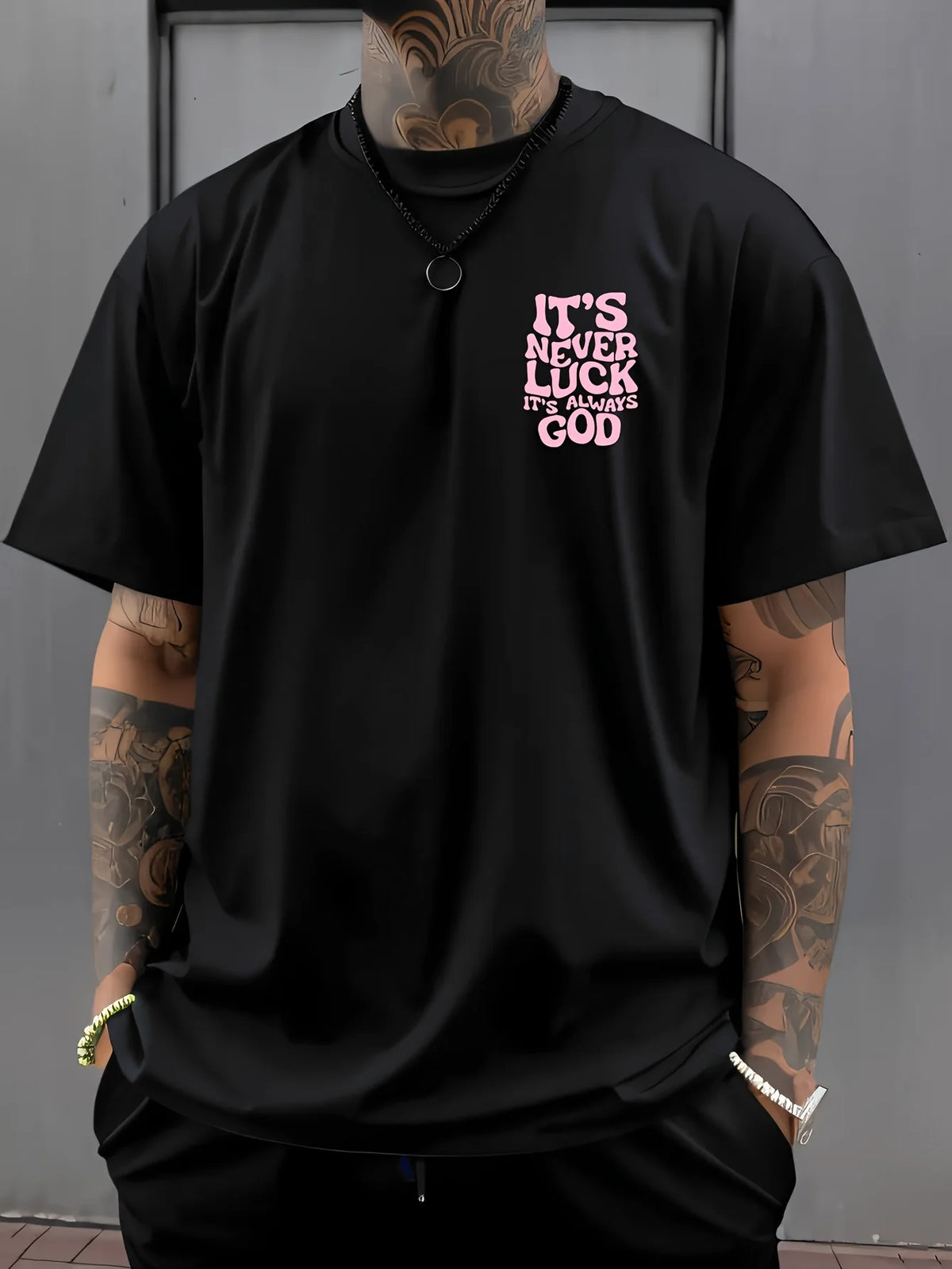 Men's Summer 100% Cotton Fashionable Casual Loose God Luck Letter Printed Sports Round Neck Short Sleeve T-shirt Top