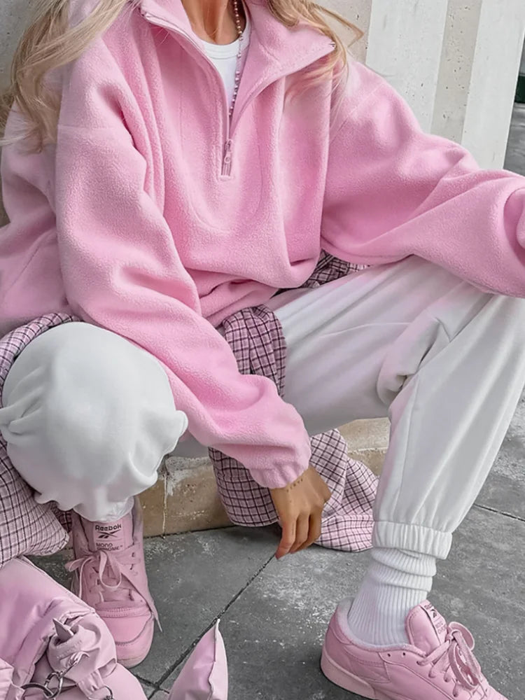 Zipped Pink Sweatshirt Woman Fashion Pullover Oversized Hoodie Y2K Street Style Women Fleece Winter Coats Jackets
