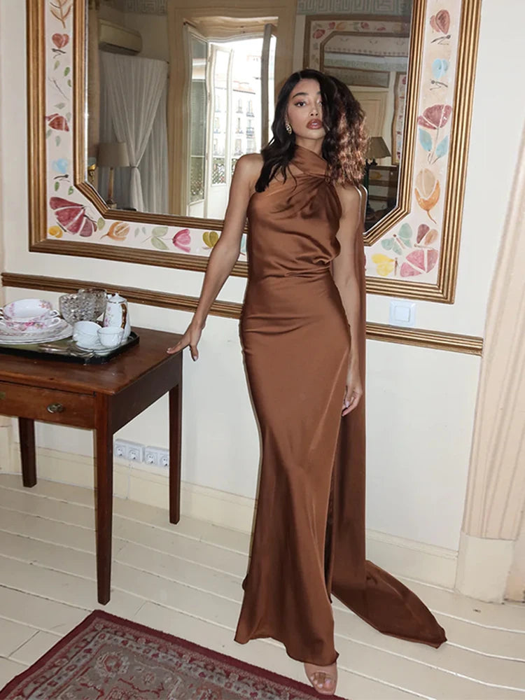 Women Backless Off Shoulder Bodycon Long Dress Sexy Satin Ribbon Sleeveless Female Robes 2024 New Summer Elegant Lady Party Gown