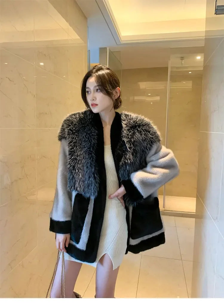 Mink Fur Jacket Women V-neck Single Breast Big Pockets Coat Splicing Mid Length Casual Outerwear 2024 Winter New Fashion