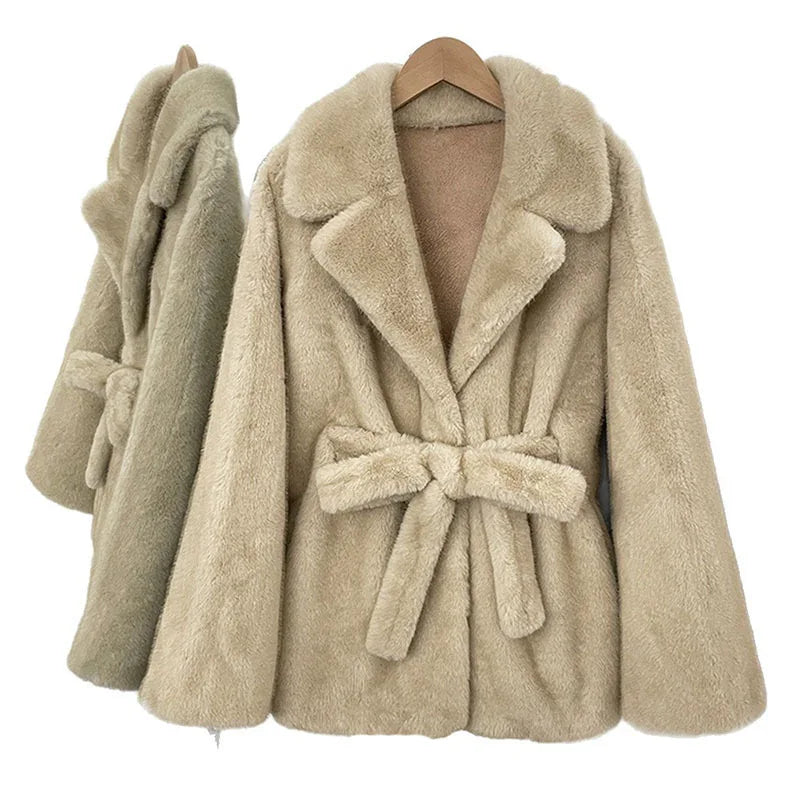 DEAT 2026 Autumn Winter New Faux Fox Fur Batwing Sleeve Coat For Women High-end Elegant Lace-up Waist Jacket Female 11A05803